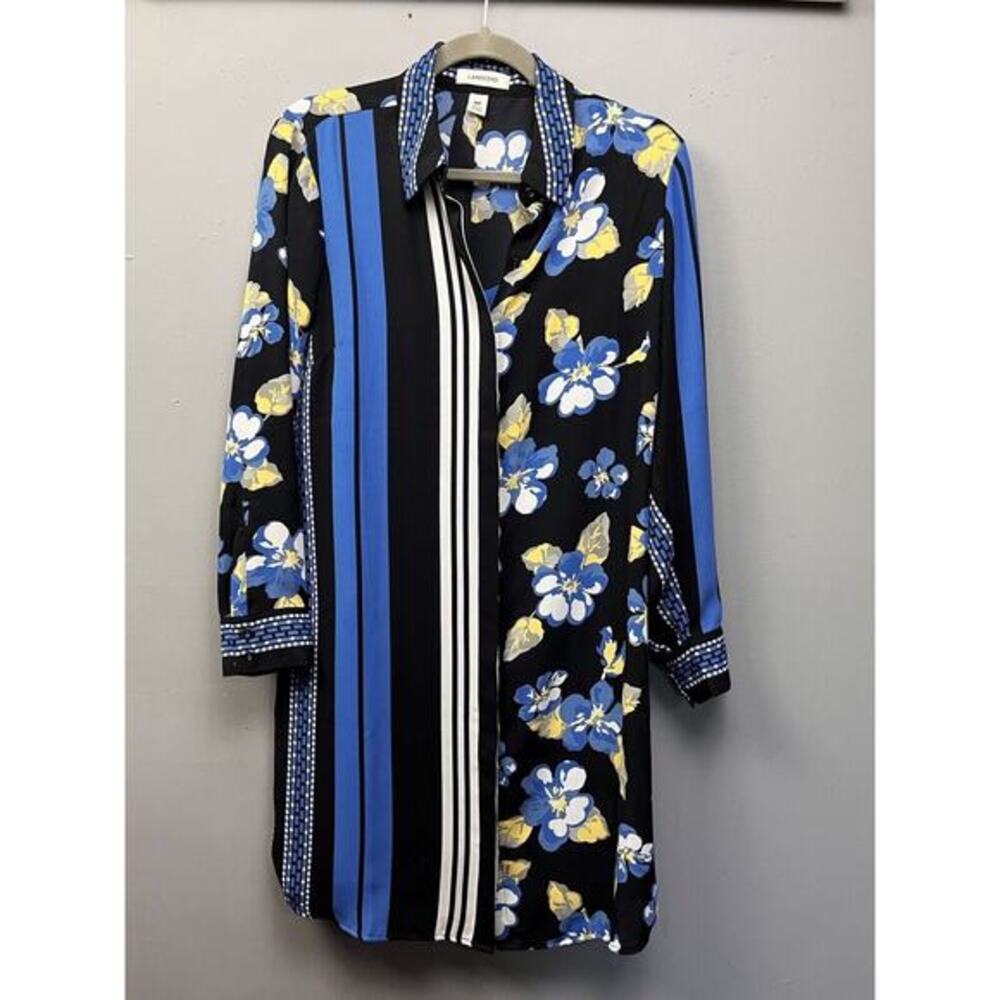 Lands' End 2 piece dress Womens 8 Petite Blue Black Tank Floral Stripe Colorful‎